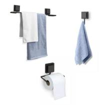 Kit 3 Acessórios Para Banheiro Papeleira Porta Toalha Gancho Preto Kit 3 Acessórios Para Banheiro Papeleira Porta Toalha Gancho Preto