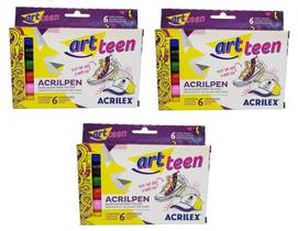 Kit 3 Acrilpen Canetas Para Tecido Artteen Acrilex 6 Cores Kit 3 Acrilpen Canetas Para Tecido Artteen Acrilex 6 Cores