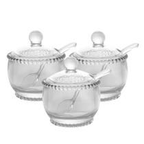 Kit 3 Açucareiro de Cristal Pearl Transparente com Colher Bolinha 11cm Wolff
