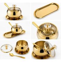 Kit 3 açucareiros premium em aço inox dourado com colher, tampa e bandeja Kit 3 açucareiros premium em aço inox dourado com colher, tampa e bandeja