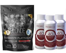 Kit 3 águas oxigena 40v 75ml+pó descolorante diamante platinado stand pouch 300g probelle Kit 3 águas oxigena 40v 75ml+pó descolorante diamante platinado stand pouch 300g probelle