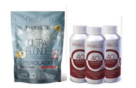 Kit 3 águas oxigena 40v 75ml+pó descolorante perolado stand pouch 300g probelle Kit 3 águas oxigena 40v 75ml+pó descolorante perolado stand pouch 300g probelle
