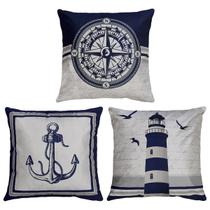 Kit 3 Almofada Veludo Mar Praia Concha Estrela Bússola 50x50 Kit 3 Almofada Veludo Mar Praia Concha Estrela Bússola 50x50