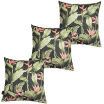 Kit 3 Almofadas Cheias Waterhavana Impermeável Estampa Digital 100% Algodão Flores Vermelha Fundo Preto 43cmx43cm