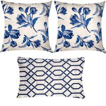 Kit 3 Almofadas Composê Floral e Geométrico Azul Sued Premium Kit 3 Almofadas Composê Floral e Geométrico Azul Sued Premium