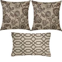 Kit 3 Almofadas Composê Floral e Geométrico Marrom Sued Premium Kit 3 Almofadas Composê Floral e Geométrico Marrom Sued Premium