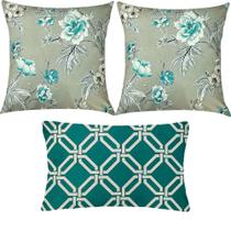 Kit 3 Almofadas Composê Floral e Geométrico Verde Sued Premium
