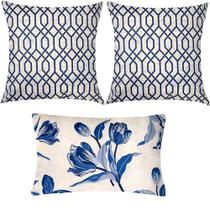 Kit 3 Almofadas Composê Geométrico e Floral Azul Sued Premium Kit 3 Almofadas Composê Geométrico e Floral Azul Sued Premium