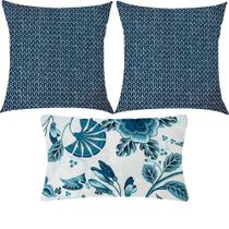 Kit 3 Almofadas Composê Geométrico e Paradise Floral Azul Impermeável Kit 3 Almofadas Composê Geométrico e Paradise Floral Azul Impermeável