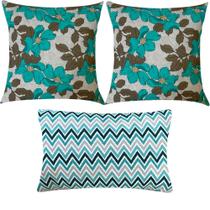 Kit 3 Almofadas Composê Hibisco e Chevron Verde Água Impermeável Kit 3 Almofadas Composê Hibisco e Chevron Verde Água Impermeável