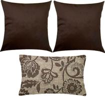 Kit 3 Almofadas Composê Liso e Floral Marrom Sued Premium Kit 3 Almofadas Composê Liso e Floral Marrom Sued Premium