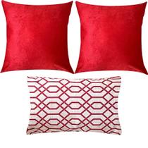 Kit 3 Almofadas Composê Liso e Geométrico Vermelho Sued Premium Kit 3 Almofadas Composê Liso e Geométrico Vermelho Sued Premium