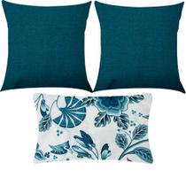 Kit 3 Almofadas Composê Liso Verde Escuro e Paradise Floral Azul Impermeável