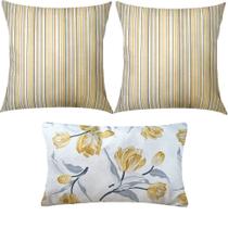 Kit 3 Almofadas Composê Listrado e Floral Amarelo e Cinza Kit 3 Almofadas Composê Listrado e Floral Amarelo e Cinza