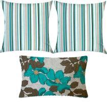 Kit 3 Almofadas Composê Listrado e Floral Verde Água Impermeável