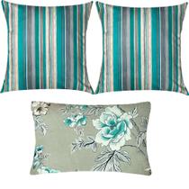 Kit 3 Almofadas Composê Listrado e Floral Verde Mar Sued Premium Kit 3 Almofadas Composê Listrado e Floral Verde Mar Sued Premium