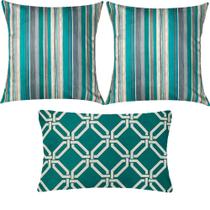 Kit 3 Almofadas Composê Listrado e Geométrico Verde Mar Sued Premium Kit 3 Almofadas Composê Listrado e Geométrico Verde Mar Sued Premium
