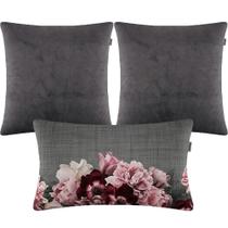 Kit 3 Almofadas Composê Veludo Liso Cinza e Amor Perfeito