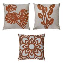 Kit 3 Almofadas De Linho Bouclé Terracota Floral Folha 50x50