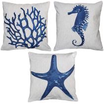 Kit 3 Almofadas de Linho Tema Mar Cavalo Estrela Coral Náutica 45x45