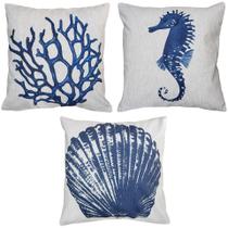 Kit 3 Almofadas de Linho Tema Mar Cavalo Estrela Coral Náutica 45x45