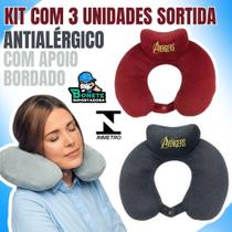 Kit 3 Almofadas de Pescoço Antialérgicas Bordadas Apoio Conforto Viagem