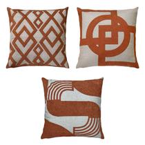 Kit 3 Almofadas Linho Aplique Bouclé Terra Geometria 50x50