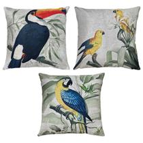 Kit 3 Almofadas Linho Aves Tucano Arara E Periquitos 45x45 Kit 3 Almofadas Linho Aves Tucano Arara E Periquitos 45x45