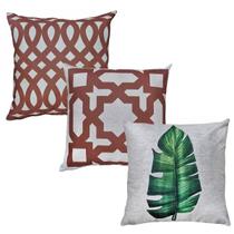 Kit 3 Almofadas Linho Bananeira Geometrias Terracota 43x43