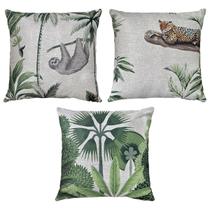 Kit 3 Almofadas Linho Bege Onça Preguiça Tucano Folha 45x45