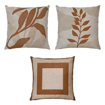Kit 3 Almofadas Linho Bouclé E Couro Caramelo Kit A 50x50