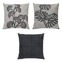 Kit 3 Almofadas Linho Bouclé Folha Flor Drapeada Cinza 50x50