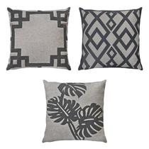 Kit 3 Almofadas Linho Bouclé Folha Geometria Cru Cinza 50x50