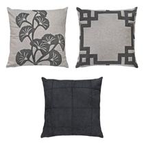 Kit 3 Almofadas Linho Bouclé Frame Flor Drapeada Cinza 50x50