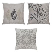 Kit 3 Almofadas Linho Bouclé Galho Folha Mandala Cinza 50x50 Kit 3 Almofadas Linho Bouclé Galho Folha Mandala Cinza 50x50