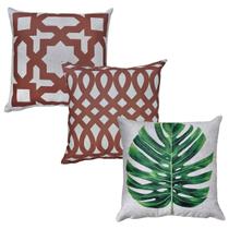 Kit 3 Almofadas Linho Folha Costela Geometria Terracota 43x43