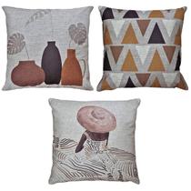 Kit 3 Almofadas Linho Mulher Campo Abstrata Vasos Café 45x45 Kit 3 Almofadas Linho Mulher Campo Abstrata Vasos Café 45x45