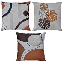 Kit 3 Almofadas Linho Terracota Folha Floral Abstrata 45x45