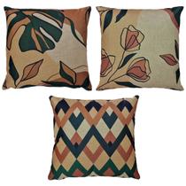 Kit 3 Almofadas Luxo Linho Flor Amarela/Verde/Laranja 45x45