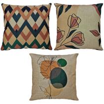 Kit 3 Almofadas Luxo Linho Flor Amarela/Verde/Laranja 45x45