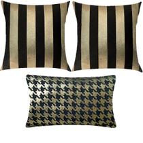 Kit 3 Almofadas Luxo Listrado e Pied Poule Preto e Dourado Kit 3 Almofadas Luxo Listrado e Pied Poule Preto e Dourado
