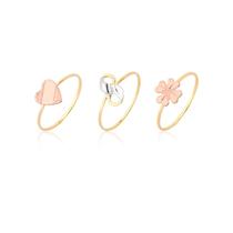 Kit 3 Anéis Conjunto Anel 2 Coração Trevo Coleção Ouro 18k