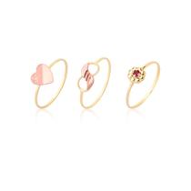 Kit 3 Anéis Conjunto Coração Pedra Vermelha Ouro 18k Kit 3 Anéis Conjunto Coração Pedra Vermelha Ouro 18k