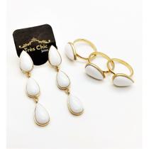 Kit 3 Anéis E Brincos Gotas Brancas Banho Ouro 18k 782 783 Kit 3 Anéis E Brincos Gotas Brancas Banho Ouro 18k 782 783