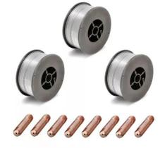 Kit - 3 Arame Mig Uso Sem Gás 0,9mm - 1kg + 8 Bico de Contato 0,9mm M6X25