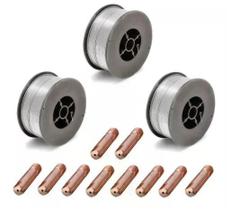 Kit 3 Arames Solda Mig Revestido Uso Sem Gás 0,8mm E71T-SG Rolo 1kg - Galzer + 10 Bicos 0,8mm
