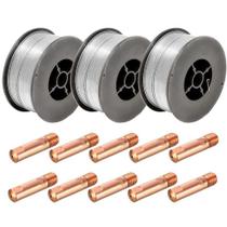 Kit 3 Arames Solda Mig Revestido Uso Sem Gás 0,8mm E71t-sg Rolo 1kg - Galzer + 10 Bicos 0,8mm