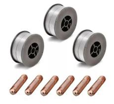 Kit 3 Arames Solda Mig Revestido Uso Sem Gás 0,8mm E71t-sg Rolo 1kg - Galzer + 6 Bicos 0,8mm