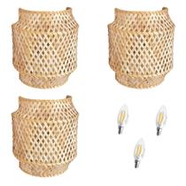 Kit 3 Arandela Bambu Em Fibra Natural Cabeceira Nat90 + Led
