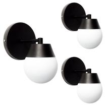 Kit 3 Arandela Parede Jabuticaba Preta Globo Vidro Leitoso